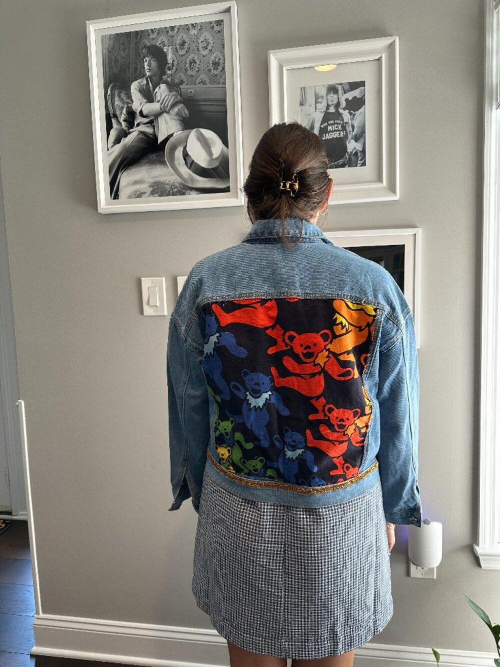 Grateful Dead Dancing Bears Denim Jean Jacket with Embroidered Stars (M)